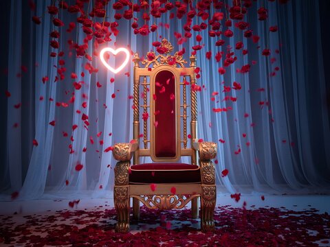 A regal golden throne adorned with red velvet sits beneath a cascade of rose petals and a glowing neon heart symbol