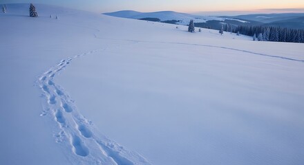Obraz premium Snowy Mountain Landscape with Footprints and Trees