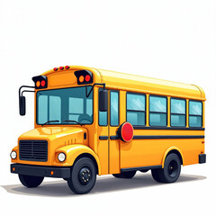 Yellow cartoon school bus on white background. This classic vehicle transports children to school. A symbol of education and daily commutes for students everywhere. Fun and friendly for kids.