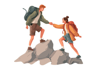 
Young man helping his friend to reach the top of a mountain, a woman with a backpack holding his hand for support. Vector illustration on a white background.
