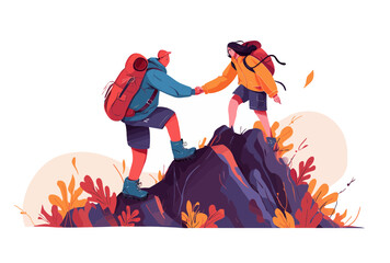 
Young man helping his friend to reach the top of a mountain, a woman with a backpack holding his hand for support. Vector illustration on a white background.