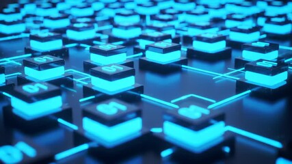 Glowing blue digital cubes arranged in a network grid with binary code elements and abstract technology concept - Powered by Adobe