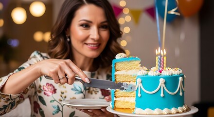 Woman cutting a delicious birthday cake with candles lit.