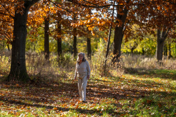 Obraz premium Elderly lady taking a walk through an autumnal forest