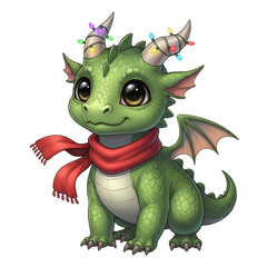Fototapeta premium Cute christmas dragon illustration adorable baby green dragon with scarf and christmas lights art on transparent background