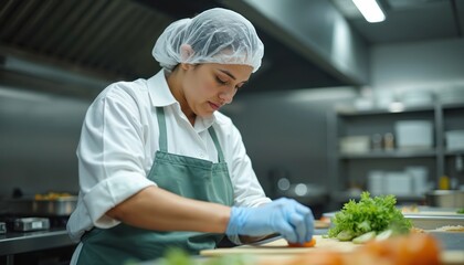 Young female cook in uniform, hairnet, gloves prepares healthy meal in pro restaurant kitchen. Carefully chops fresh vegetables on cutting board. Staff follows strict hygiene, safety standards for
