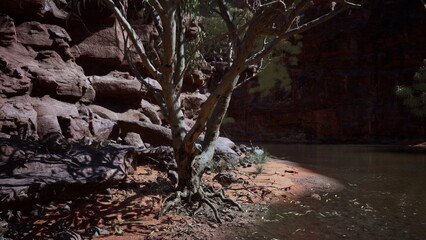 A peaceful river flows gently, flanked by rugged red rock cliffs and twisted trees. Sunlight filters through the leaves, creating a serene atmosphere in this natural landscape.