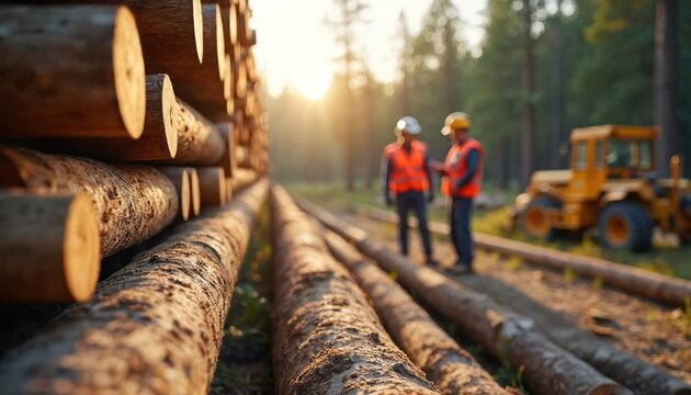 Forest workers in hard hats and vests stand near stacked timber logs. Heavy machinery sits idle in background. Sunlight filters through trees onto logging site.