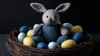 Knitted Easter Bunny in a Nest with Eggs.