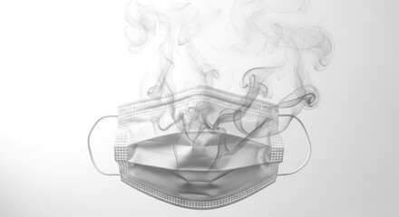 A surgical mask is surrounded by smoke, symbolizing the dangers of air pollution isolated on white background