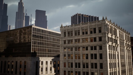 Skyscrapers dominate the skyline, contrasting with older buildings. The late afternoon sun casts unique shadows, highlighting architectural details and creating a dynamic urban landscape.