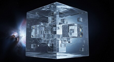 A complex, transparent cube containing intricate geometric structures floating in the vastness of space.