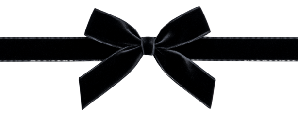 Isolate transparent with black velvet ribbon tied into a bow in horizontal layout, black velvet ribbon tied into a bow with realistic texture, black velvet ribbon tied into a bow for PNG die-cut.
