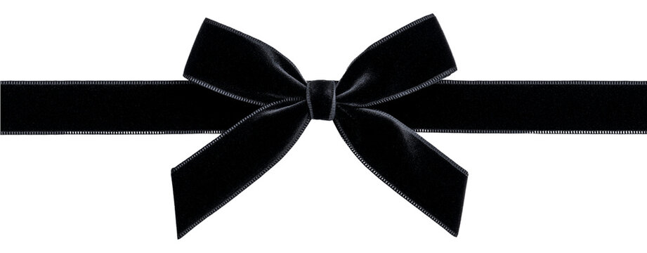 Isolate transparent with black velvet ribbon tied into a bow in horizontal layout, black velvet ribbon tied into a bow with realistic texture, black velvet ribbon tied into a bow for PNG die-cut.