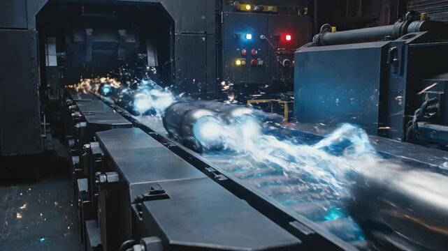 Industrial Production Line Manufacturing Process with Automated Machinery and Special Effects