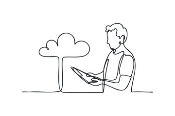 Person interacting with tablet and cloud symbol