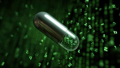 A futuristic pill surrounded by floating green numbers, symbolizing technology, data, and health.