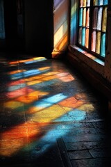 Colorful Stained Glass Window Shadows on a Brick Floor.
