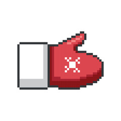 Pixel art red mitten icon with snowflake. Warm winter glove game asset Christmas holiday design. Vector red mitten