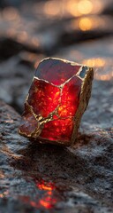 Red Gemstone Ring on Rocks.