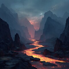 Fiery River Winding Through Volcanic Mountains.