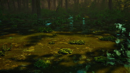 A tranquil forest scene shows water covered with vibrant moss and small plants. Sunlight filters through the trees, creating a warm glow over the quiet landscape.