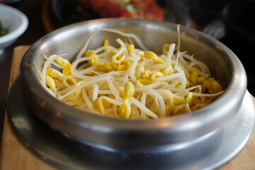 Fresh Korean Bean Sprouts in a Metal Bowl for Traditional Rice Dishes