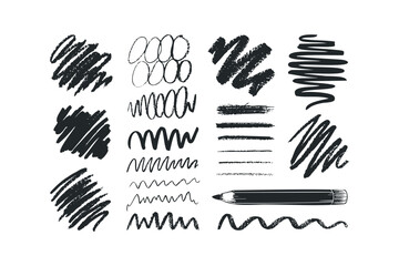 Obraz premium Collection of black scribbles, lines, and pencil on white