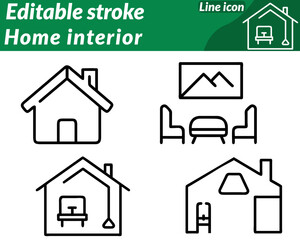 A sleek and elegant icon representing home interior design furniture and decoration.The design features a stylized living room setup  including a sofa floor lamp and framed wall art symbolize comfort.