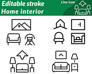 A sleek and elegant icon representing home interior design furniture and decoration.The design features a stylized living room setup  including a sofa floor lamp and framed wall art symbolize comfort.