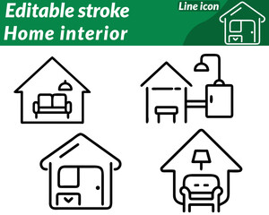 Home Interior set Icon. Subtle geometric lines highlight modern décor. with warm tones such as beige soft gray and muted gold conveying coziness and sophistication. Optional details like a plant pot.