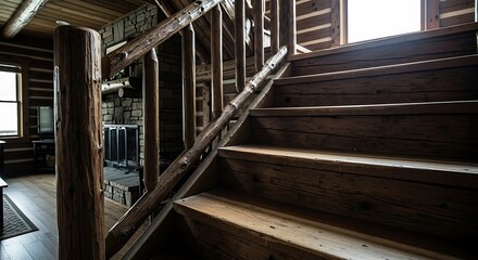 Rustic wooden staircase inside a cozy log cabin architectural design