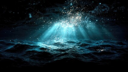 Submerged Light, Deep Ocean, Underwater Glow, Mysterious Depths, Tranquil Waters, Sparkling Radiance.