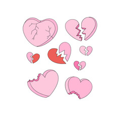 Broken and Bitten Hearts Clipart, Funny Anti Valentines Day Sarcastic Love Retro Aesthetic Illustration for T-Shirt Design, Scrapbooking and Stickers