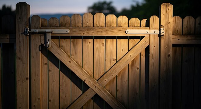 Rustic wooden gate entrance with latch and countryside fencing background