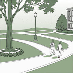 Obraz premium Two students walk hand in hand on a winding path through a scenic college campus on a bright day