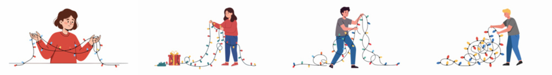People untangling knotted Christmas string lights, illustrating the frustrating and complicated process of holiday decorations preparation.