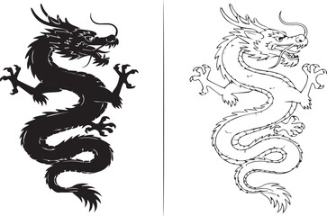 Traditional Chinese Dragon Vector Outline and Silhouette for Logo or Tattoo Design