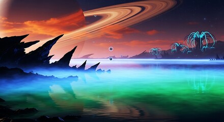Vibrant Alien Planet Landscape with Ringed Gas Giant and Bioluminescent Waters.