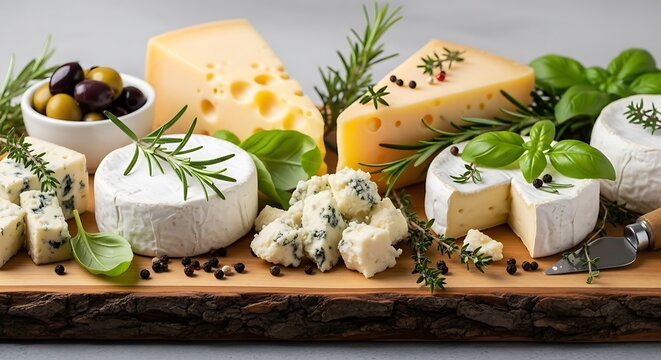 Artisan cheese arrangement on wooden board with fresh herbs and olives