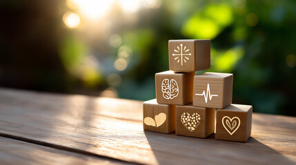 Employee wellbeing concept, wooden blocks with physical, mental, emotional health icons, creating employee benefits, satisfaction programs, fostering positive work culture, employe