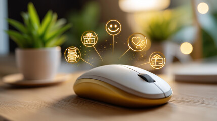 Building brand and customer loyalty concept, using a computer mouse with icons representing customer trust, satisfaction, rewards, support, quality, price, the digital journey to b