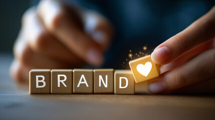 Building brand with customer loyalty concept, wooden blocks spelling “BRAND,” and a heart and person icon, brand building, trust and customer loyalty, under soft natural light high