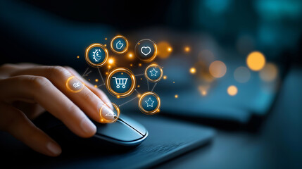 Building brand and customer loyalty concept, using a computer mouse with icons representing customer trust, satisfaction, rewards, support, quality, price, the digital journey to b