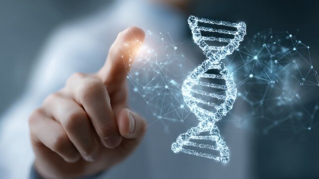 A person's hand interacts with a digital representation of a DNA double helix, symbolizing genetic research and biotechnology.