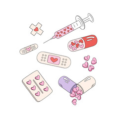 Love Pills Injections Patches Valentine Nurse Clipart, Funny Anti Valentines Day Sarcastic Love Medical Humor Illustration for T-Shirt Design, Scrapbooking and Stickers