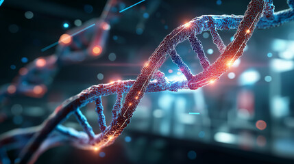 Photorealistic DNA double helix glowing in futuristic medical lab with holographic interface – ideal for genetics, genomics, and biotechnology, under soft lab light highlighting sc