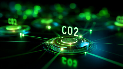 Carbon Data Open Protocol (CDOP) concept, digital icons on green background representing CO2 tracking, environmental data integration and transparent carbon management through open