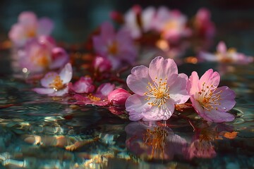 Pink cherry blossoms floating on clear water.
