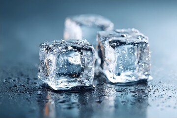 Three melting ice cubes on reflective surface.
